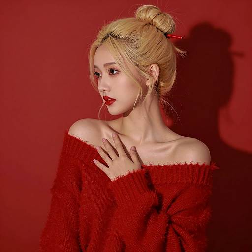 Elegant Woman in Red Sweater and Lipstick