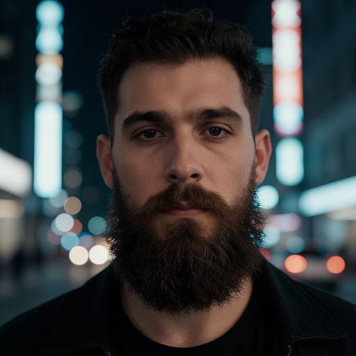 Photograph of a bearded man with dark hair, intense expression, wearing a black shirt, in a nighttime urban setting with blurred neon lights in the