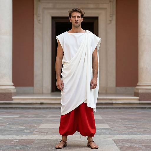 Photograph of a young man with curly brown hair, wearing a white toga-style top over red harem pants, brown sandals, standing in front