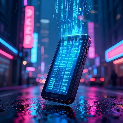 CGI image of a futuristic smartphone with glowing blue neon circuitry, floating in a vibrant, neon-lit city street at night.