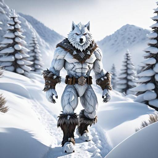 Snow Wolfman in Winter Mountains