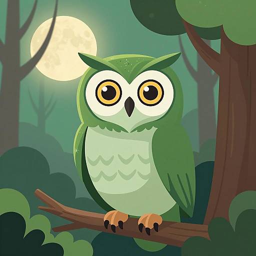 Green Owl Perched on Branch at Night