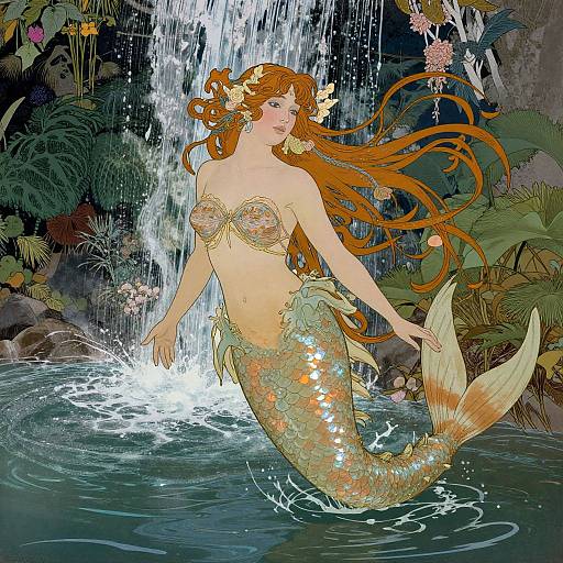 Digital illustration of a beautiful mermaid with long red hair, yellow floral bikini top, and shimmering gold scales, standing in a tropical waterfall pool surrounded
