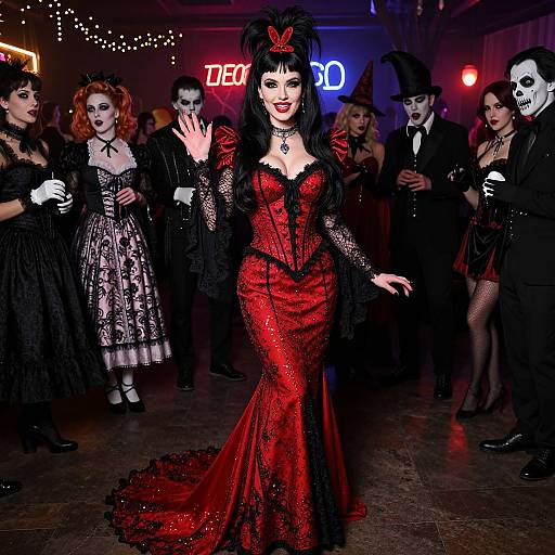 Photograph of a gothic-themed party: central figure in a red sequined, black-lace dress, black hair, white face, surrounded by