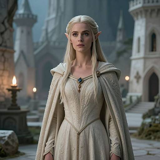 Photograph-style CGI of a blonde, elven woman with pointed ears, wearing an ornate, cream-colored medieval dress, standing in a misty