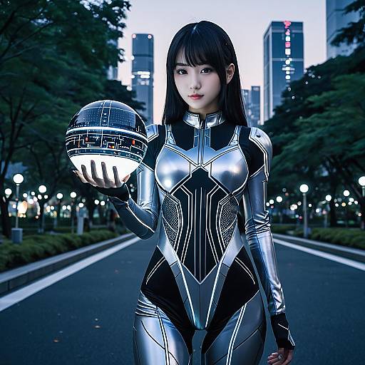 Android Guide in Silver Bodysuit Holding Luminous Orb