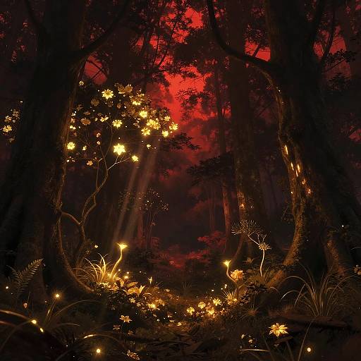 Mystical Dark Red and Gold Forest