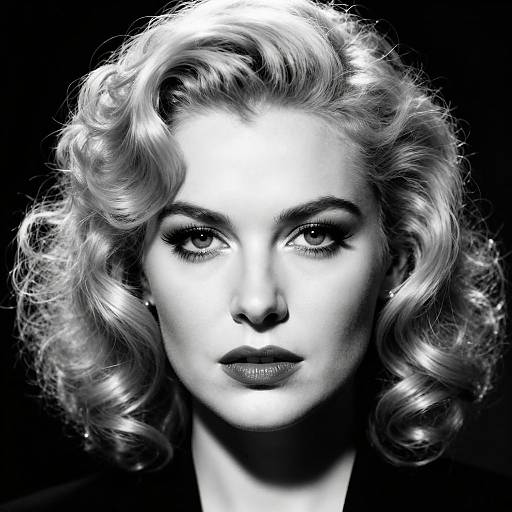 Black-and-white portrait of a woman with wavy, platinum blonde hair, intense gaze, and dramatic lighting, creating a high-contrast effect.