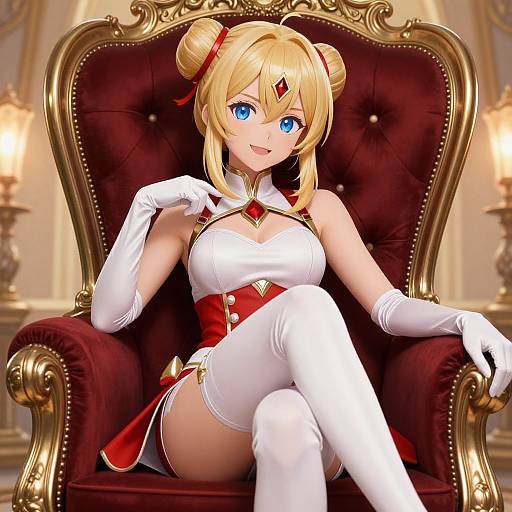 CGI anime-style blonde woman with blue eyes, red and white outfit, white gloves, and thigh-high boots, sitting on a luxurious red velvet throne