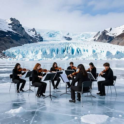 Photograph of six female string quartet musicians in black attire, playing violins on a frozen glacier with snow-covered mountains in the background.