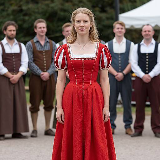 Photograph of a blonde woman in a red, puffed-sleeve, square-neck dress standing in front of six men in brown vests and white