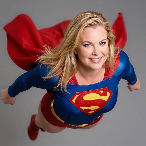 Photograph of a smiling blonde woman in a blue and red Superman costume with flowing red cape, flying against gray background.