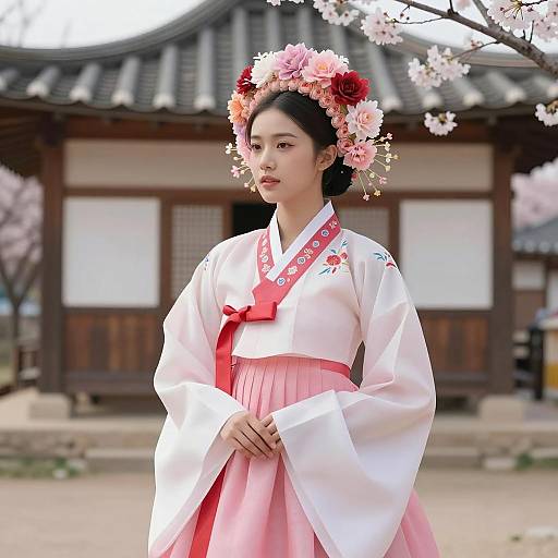 Asian Woman in Traditional Korean Hanbok with Floral Headpiece