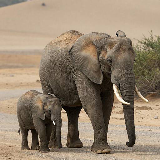 Adult Elephant and Calf Walking on Desert Path