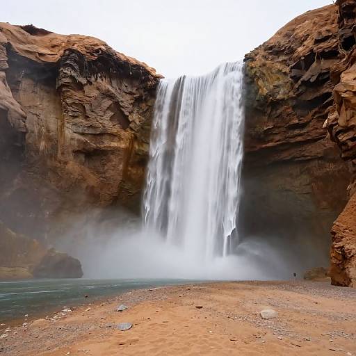 Photograph of a powerful waterfall cascading between rugged, brown, rocky cliffs into a misty, turquoise pool with a sandy, pebble-stre