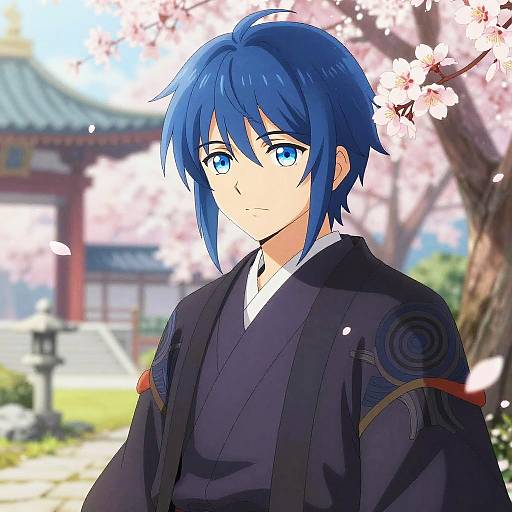 Blue Haired Anime Samurai in Cherry Blossom Garden