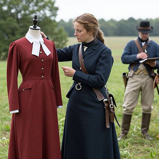 Photograph of a young woman in a navy blue Victorian-style dress, adjusting a maroon dress on a mannequin, with a historical reen