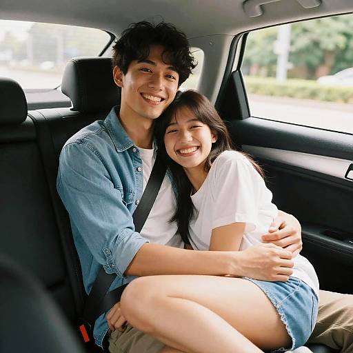 Photograph of a smiling Asian couple in a car, the man in a denim shirt and khakis, the woman in a white t-shirt and denim