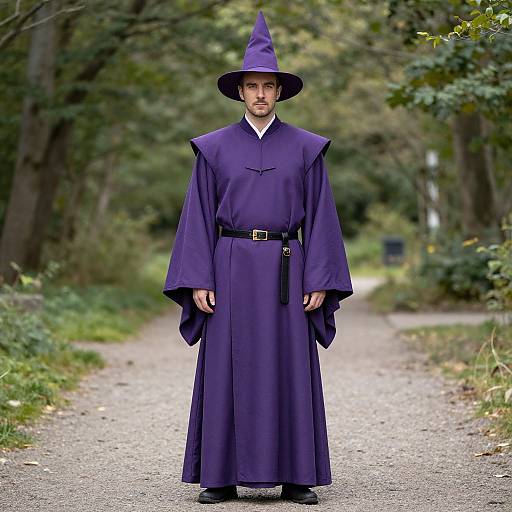 Photograph of a man in a deep purple wizard robe and pointed hat, standing on a gravel path in a wooded area.