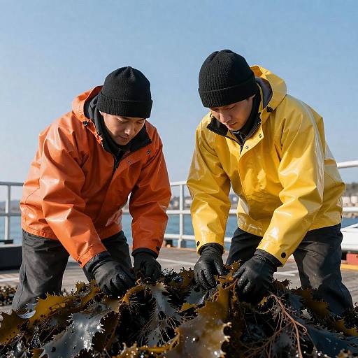 Men Examining Seaweed on Dock