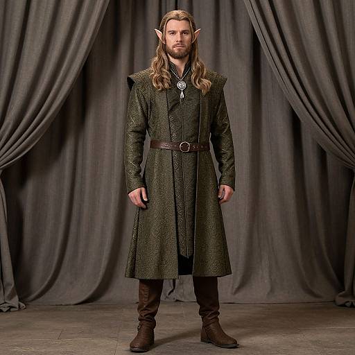 Photograph of a tall, long-haired male elf with pointed ears, wearing a dark green, belted, medieval-style coat, brown boots, standing