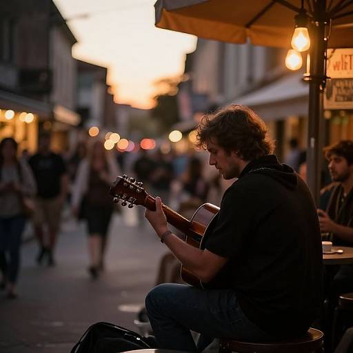 Photograph of a bearded man with curly hair, playing an acoustic guitar on a bustling street at dusk, under a yellow umbrella. Blurred background