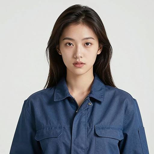 Photograph of a young Asian woman with long black hair, wearing a blue button-up shirt, against a white background.