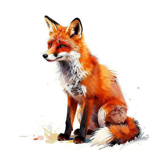 Vibrant digital painting of a sitting red fox with orange fur, white chest, and black legs, looking to the side against a white background.
