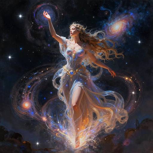 Digital artwork of a celestial, ethereal woman with flowing blonde hair, wearing a glowing, transparent dress, floating in a star-filled, cosmic sky,