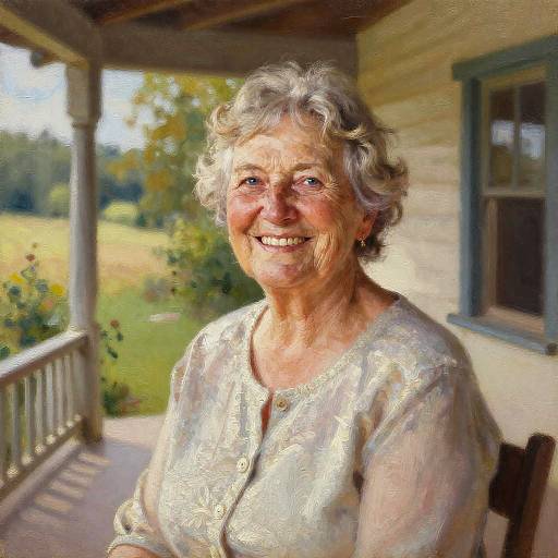 Photograph of a smiling elderly woman with short, curly gray hair, wearing a light, patterned blouse, on a sunlit porch.