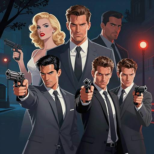 Noir Style Digital Illustration of Five Figures