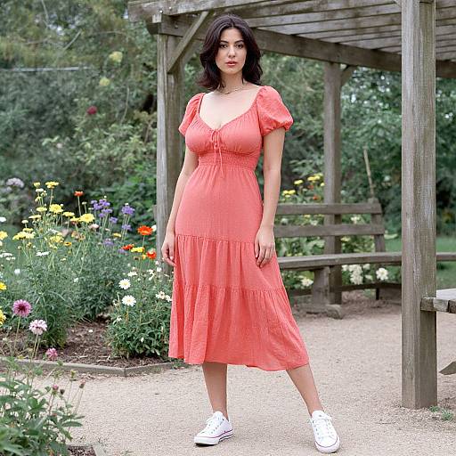 Photograph of a pregnant woman with olive skin, dark hair, wearing an orange, short-sleeved, V-neck dress and white sneakers, standing