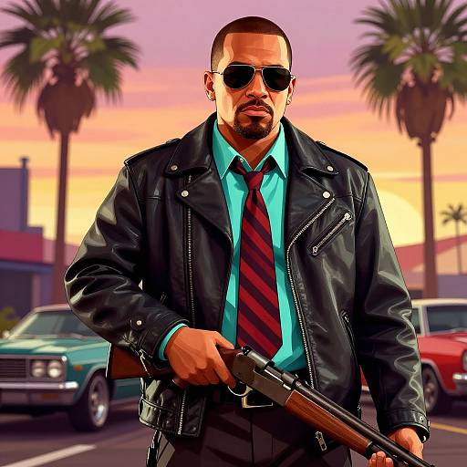Photorealistic digital illustration of a muscular man in a black leather jacket, turquoise shirt, red-striped tie, and sunglasses, holding a shotgun, set