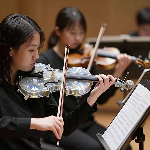 Photograph of three Asian female violinists in black attire, focused on playing, with music stands in front, in a warm, wooden-walled room