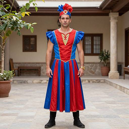 Photograph of a muscular man in a vibrant red and blue Renaissance-style dress with gold accents, black boots, and a matching hat, standing in a