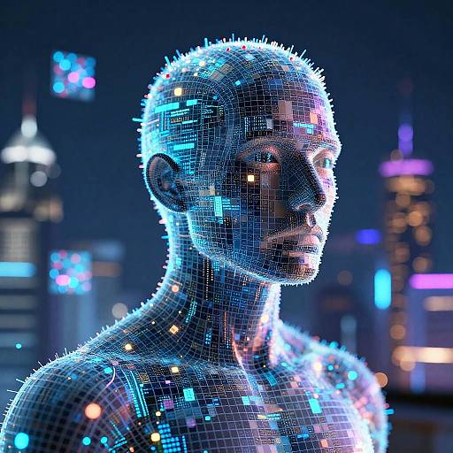 Digital CGI of a glowing, grid-patterned human head with blue and orange lights against a blurred, neon cityscape background.