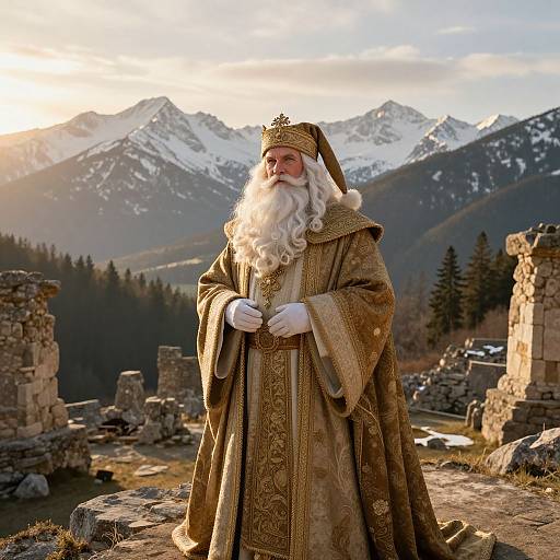 Photograph of a white-bearded king in ornate golden robe and crown, standing in ruins with snowy mountain range and forest background at sunset.