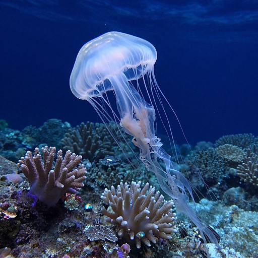 Photograph of a glowing white jellyfish with translucent tentacles floating above a colorful coral reef in a deep blue ocean.