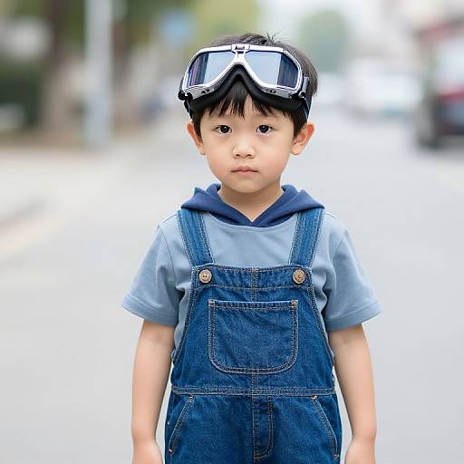 Boy in Blue Jean Overalls with Goggles