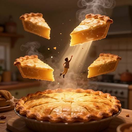 Photograph of a glowing, steaming pie with four slices levitating, a small silhouette of a person jumping between them in a warm, dimly