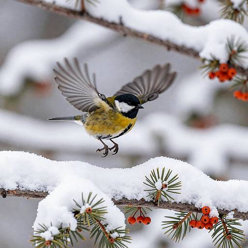 Buttery-Gold Bird on Snowy Pine Branch