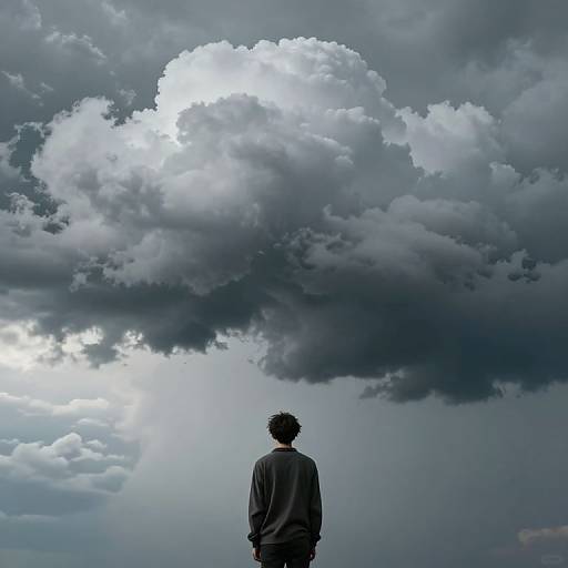 Photograph of a silhouetted person with curly hair, standing below a massive, dramatic, gray-clouded sky, gazing upward.