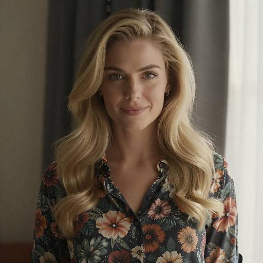 Blonde woman in floral shirt indoors