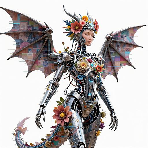 Digital artwork of a cybernetic, female dragon-like figure with metallic wings, colorful flower crown, and body, set against a white background.