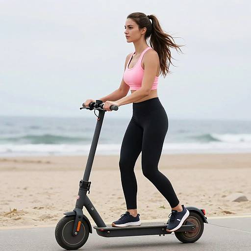 Fit Woman Riding Electric Scooter by Beach