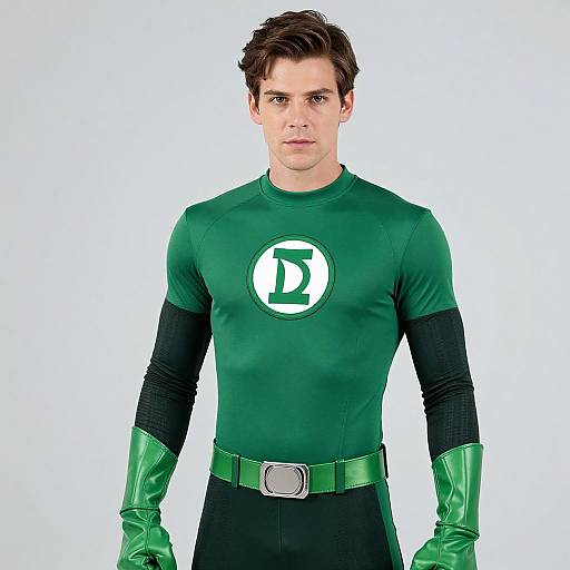 Photograph of a young man with short brown hair, wearing a green superhero costume with black sleeves, green gloves, and a white 
