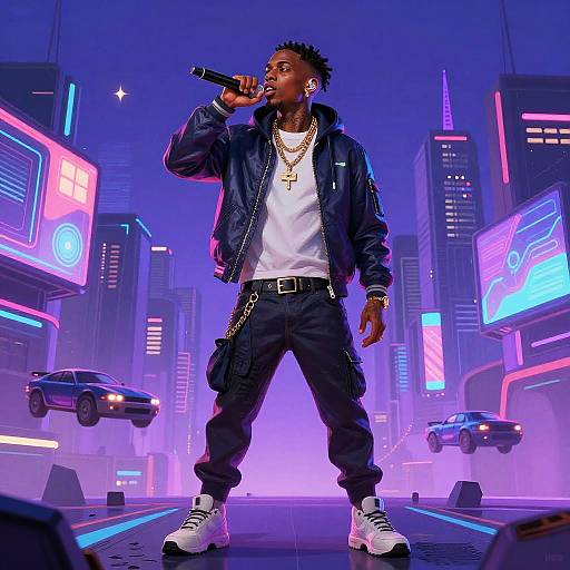 Photograph of a Black male rapper in a neon-lit, futuristic cityscape, wearing a black jacket, white shirt, and black pants, holding