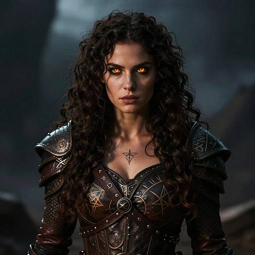 Photograph of a fierce, dark-haired woman with glowing orange eyes, wearing intricately designed black armor and a star tattoo on her chest, in a