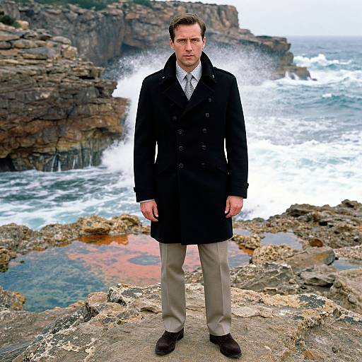 Photograph of a serious-looking man in a black double-breasted coat, gray pants, and black shoes standing on rocky coastal terrain with crashing waves and