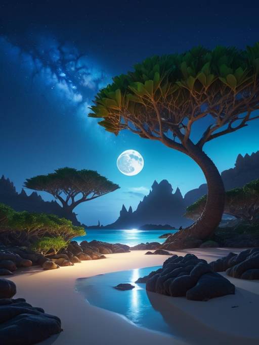 Moonlit Tropical Beach with Trees
